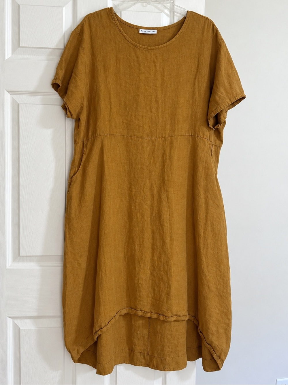 Bryn Walker 100% Linen Dress XL Mustard Gold A-Line Lagenlook Made USA Pockets